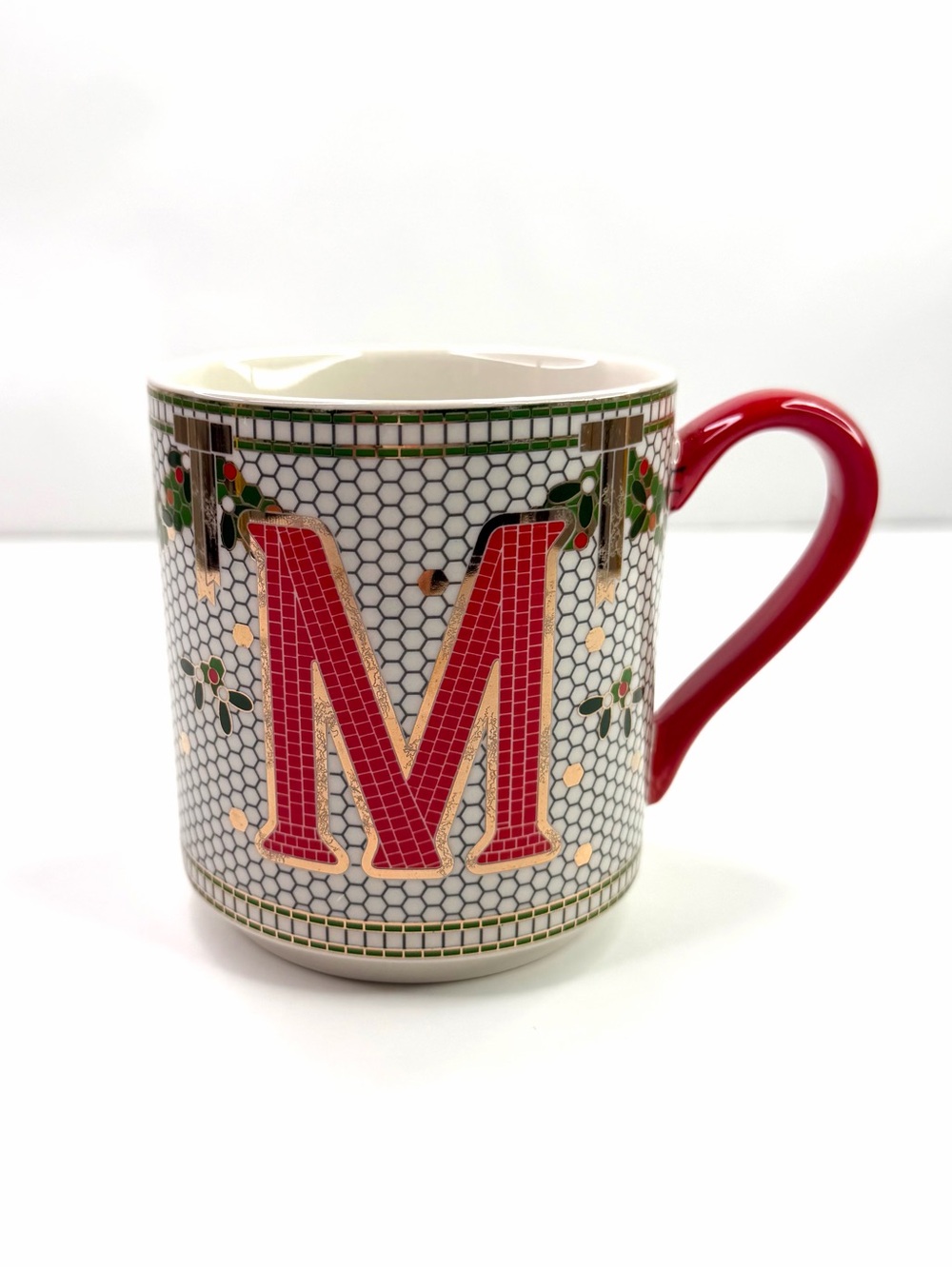Anthropologie Monogram M Mosiac Holiday Ceramic Mug